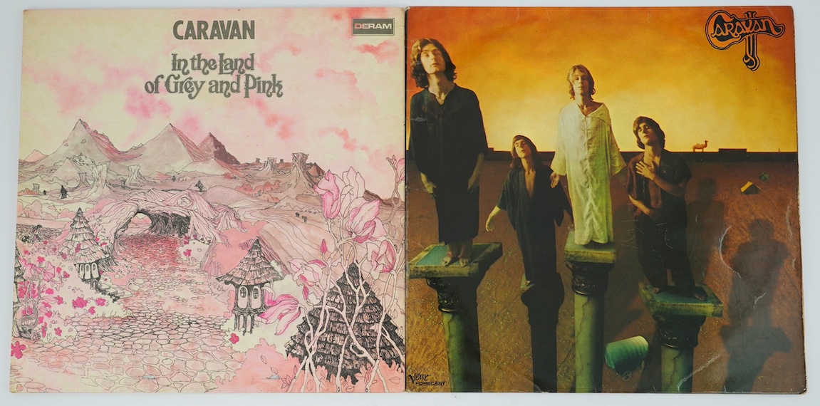 Two Caravan LP record albums; Caravan on Verve VLP.6011 on brown label and In The Land of Pink and Grey on Deram SDL R1 on red and white label. Condition - fair, some scratches to the vinyl mainly on Caravan